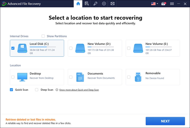 select the area you wish to scan for lost documents, text files, images, archives,
            audio, or video files