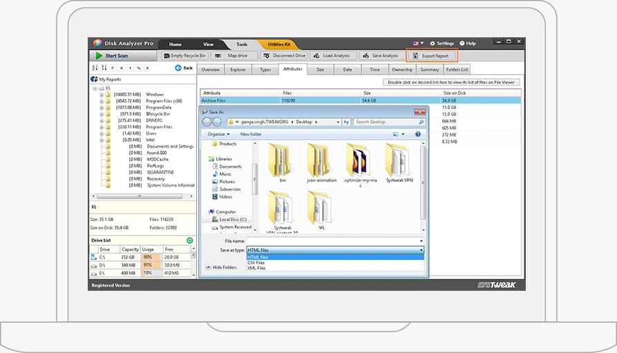 Export disk space reports to external file formats