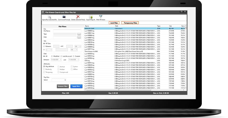 Find and delete junk and temporary files