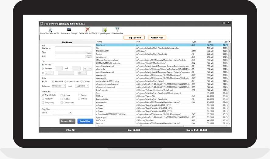 Locate the biggest folders and oldest files